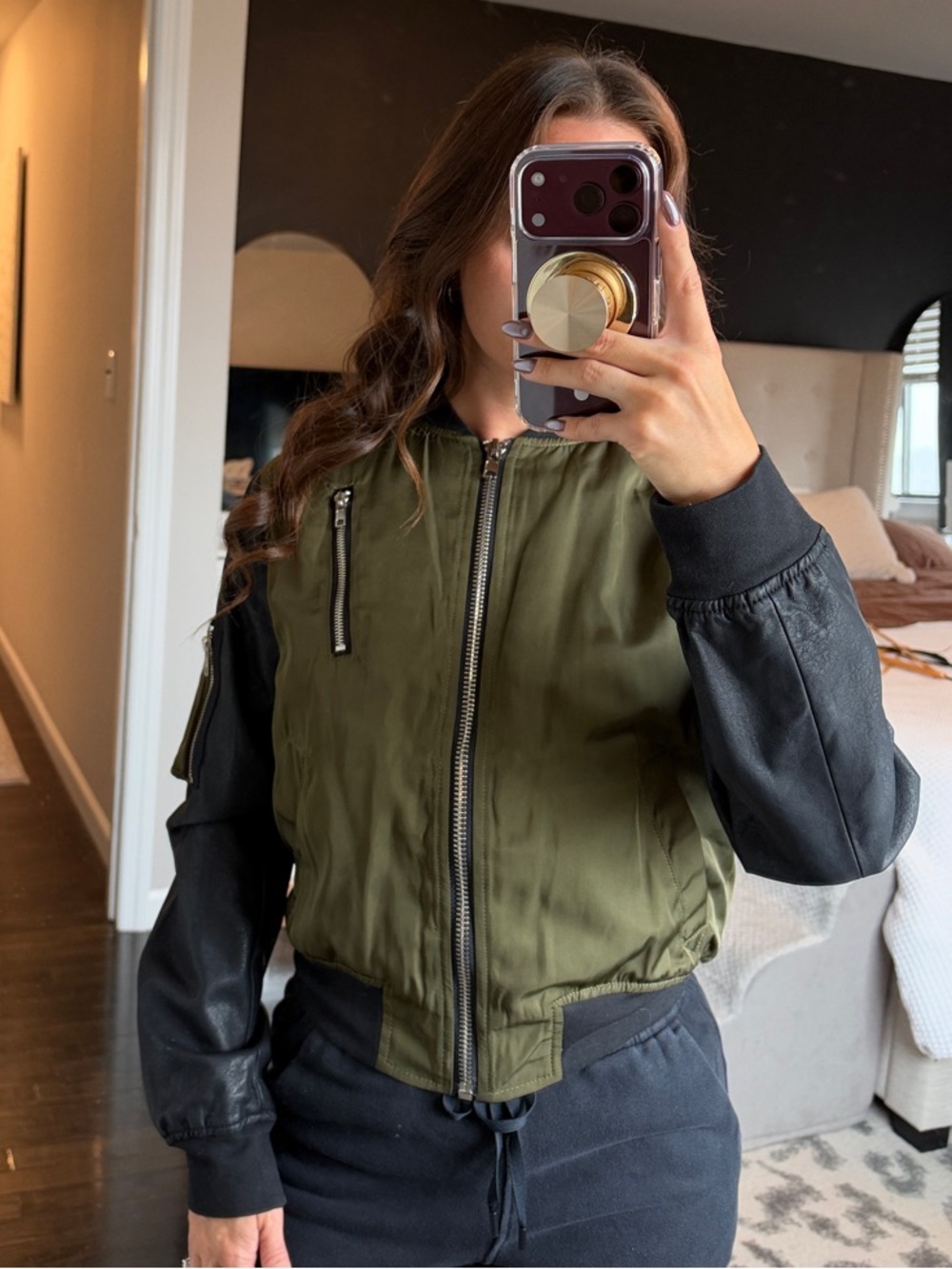 Women’s Olive Green Bomber Jacket with Black Sleeves